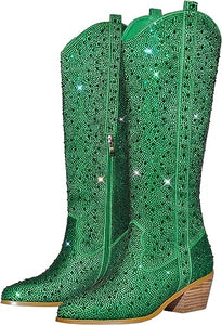 Rhinestone Knee High Sequin Green Cowboy Boots