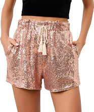Load image into Gallery viewer, High Waist Red Sequin Drawstring Stretch Glitter Shorts