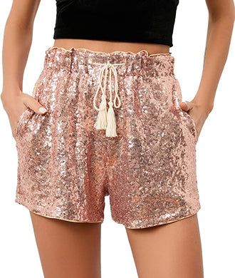 High Waist Rose Pink Sequin Drawstring Stretch Glitter Shorts