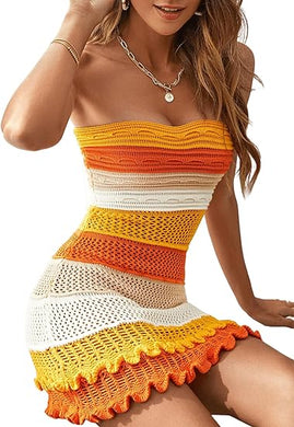 Strapless Knit Orange Crochet Sweater Dress