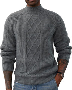 Men's Mock Black Cable Knit Twisted Long Sleeve Sweater