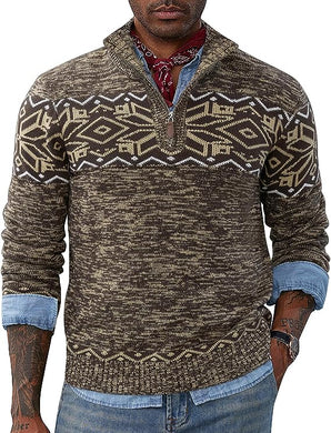 Men's Quarter Zip Brown Long Sleeve Cable Knit Sweater