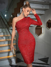 Load image into Gallery viewer, Red Exclusive One Sleeve Draped Sequin Midi Dress