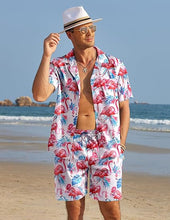 Load image into Gallery viewer, Men&#39;s Black/White Print Summer Button Up Shorts &amp; Shirt Set