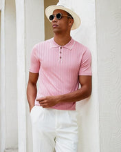 Load image into Gallery viewer, Men&#39;s Knit Collar Short Sleeve Striped Light Pink Shirt