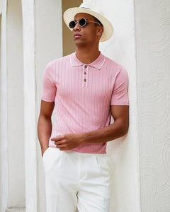 Men's Knit Collar Short Sleeve Striped Light Pink Shirt