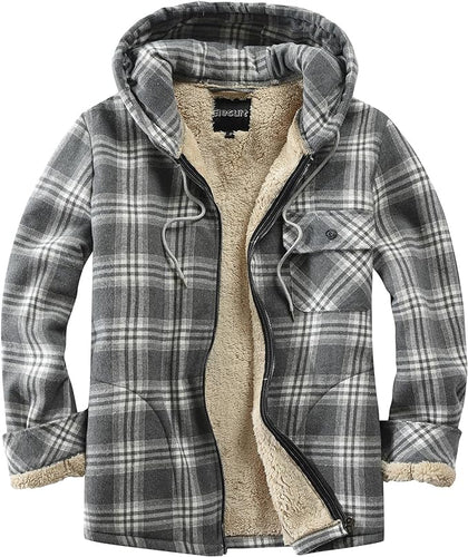 Men's Sherpa Grey & White Plaid Hooded Long Sleeve Jacket