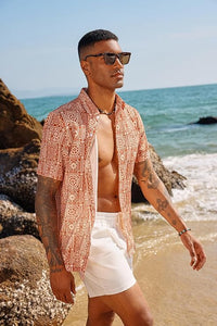 Men's Printed Button Up Short Sleeve Summer Red Shirt