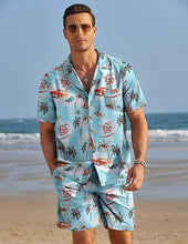 Load image into Gallery viewer, Men&#39;s Black/White Print Summer Button Up Shorts &amp; Shirt Set