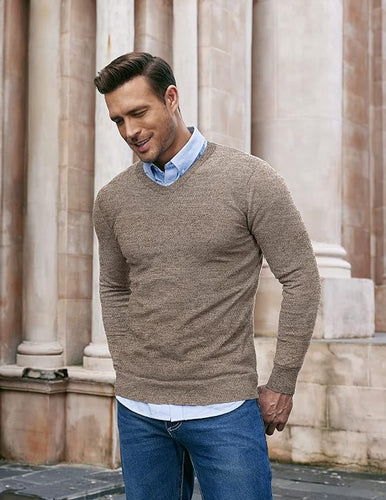 Men's Soft Knit Brown V Neck Long Sleeve Sweater