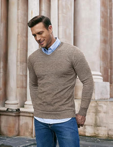 Men's Soft Knit Burgundy Red V Neck Long Sleeve Sweater