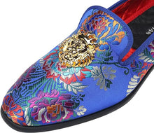 Load image into Gallery viewer, Men&#39;s Silk Oriential Blue Velvet Loafer Style Dress Shoes