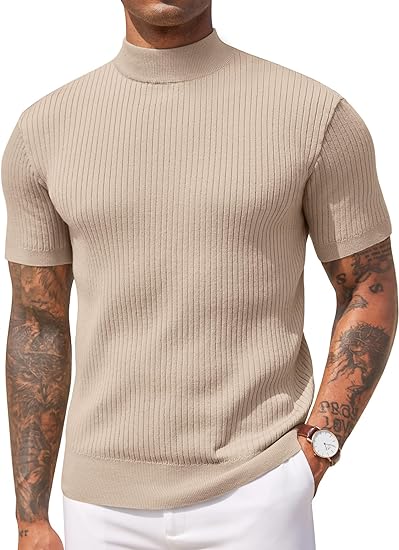 Men's Knit Turtleneck Brown Short Sleeve Sweater