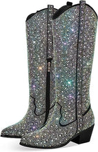 Load image into Gallery viewer, Rhinestone Knee High Sequin Mid-silver Cowboy Boots