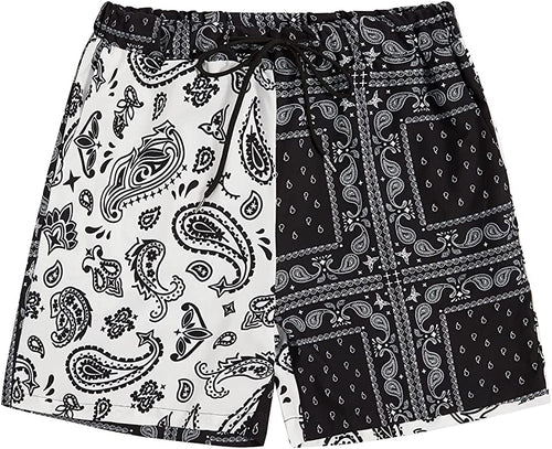 Men's Casual Drawstring Black/White Bandana Paisley Print Shorts