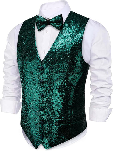 Men's Sequin Hunter Green Formal Sleeveless Suit Vest w/Bowtie