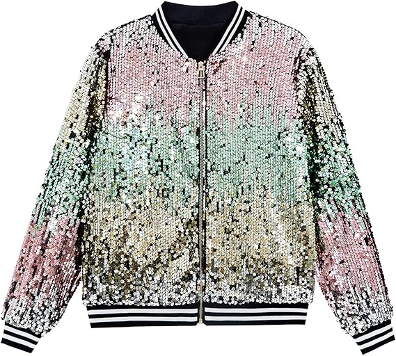 Men's Sequin Zip Up Green-Gold Bomber Jacket