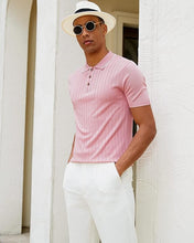 Load image into Gallery viewer, Men&#39;s Knit Collar Short Sleeve Striped Light Pink Shirt