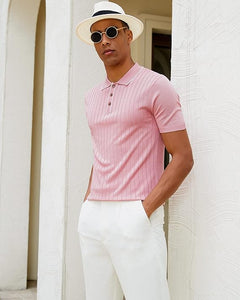 Men's Knit Collar Short Sleeve Striped Light Pink Shirt