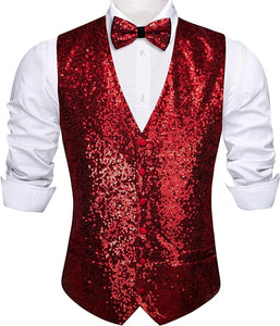 Men's Sequin Gold Formal Sleeveless Suit Vest w/Bowtie