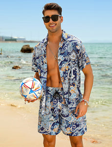 Casual Men's Blue Vacation Style Shirt & Shorts Set