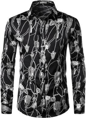 Men's Luxury Satin Black/Grey Art Deco Long Sleeve Dress Shirt