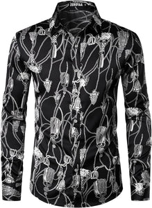 Men's Luxury Satin Black Art Deco Long Sleeve Dress Shirt