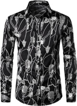 Load image into Gallery viewer, Men&#39;s Luxury Satin Blue/White Art Deco Long Sleeve Dress Shirt