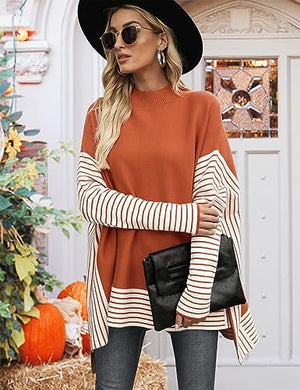 Oversized Knit Orange Striped Turtleneck Long Sleeve Sweater