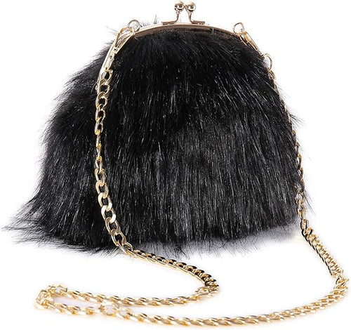 Vintage Style Black Fur Clutch Evening Bag