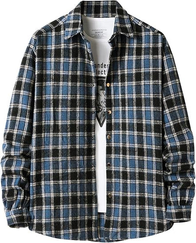 Men's Cotton Black-Blue Plaid Flannel Long Sleeve Shirt