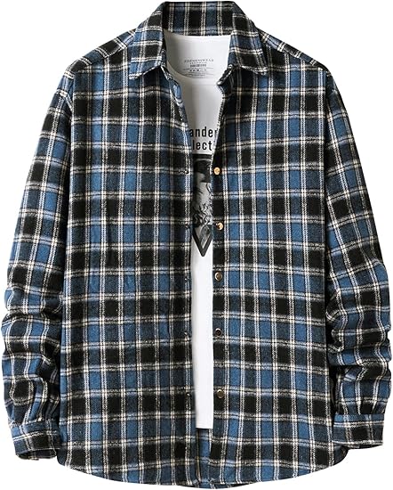 Men's Cotton Black-Blue Plaid Flannel Long Sleeve Shirt