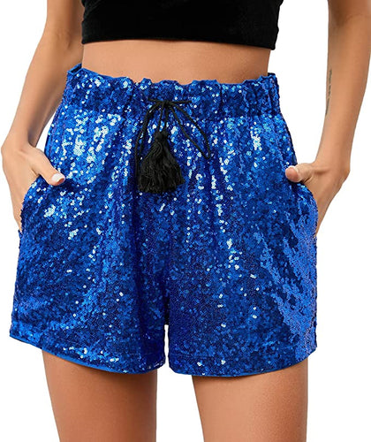 High Waist Blue Sequin Drawstring Stretch Glitter Shorts