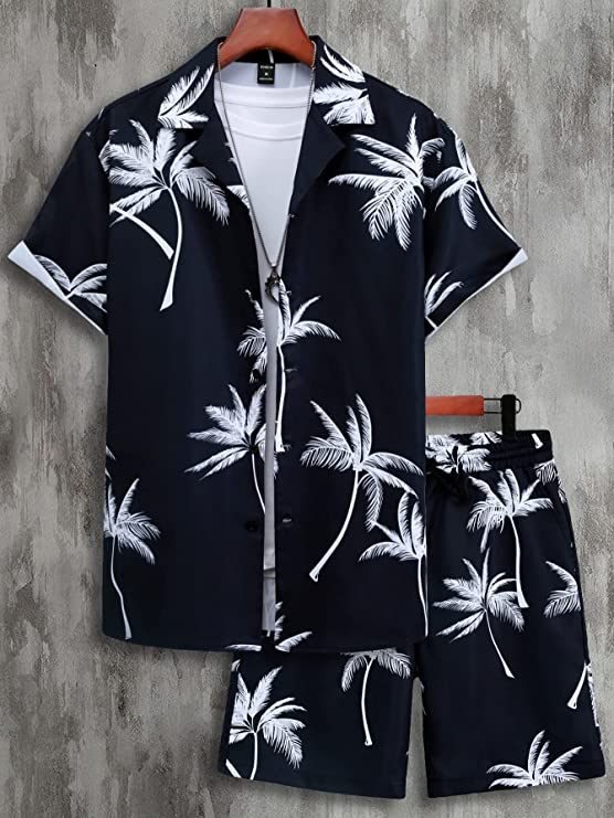 Men's Black Palm Tree Printed Short Sleeve & Shorts Set