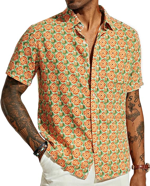 Men's Printed Button Up Short Sleeve Summer Orange Shirt