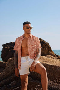 Men's Printed Button Up Short Sleeve Summer Red Shirt