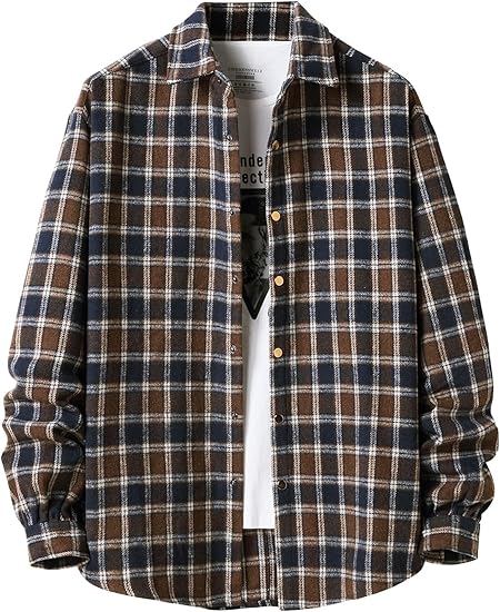 Men's Cotton Blue-Coffee Plaid Flannel Long Sleeve Shirt