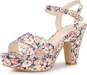 Blue Floral Platform Heel Sling Back Sandals