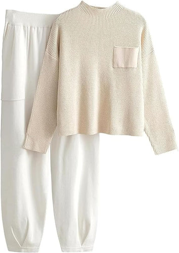 Modern Comfort Soft Knit Beige/White Tracksuit Loungewear Set