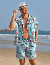 Load image into Gallery viewer, Men&#39;s Black/White Print Summer Button Up Shorts &amp; Shirt Set