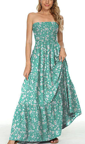 Boho Beach Strapless Floral Green Maxi Dress