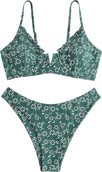 High Cut Underwire Bikini Deep Green Swimsuit Set