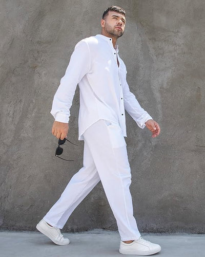 Men's Caribbean White Linen Cotton Shirt & Pants Set