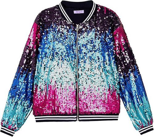 Men's Sequin Zip Up Blue-Pink Bomber Jacket