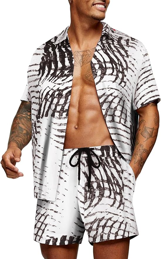 Men's Black & White Stripes Short Sleeve Shirt & Shorts Set