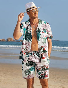 Men's Black/White Print Summer Button Up Shorts & Shirt Set