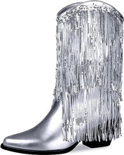 Load image into Gallery viewer, Metallic Silver Glitter Sequin Tassel Cowboy Boots