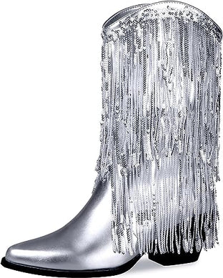 Metallic Silver Glitter Sequin Tassel Cowboy Boots