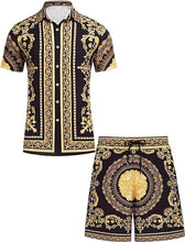 Load image into Gallery viewer, Men&#39;s Luxury Printed Gold/White Striped Shirt &amp; Shorts Set