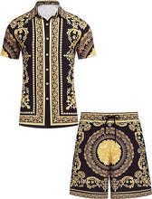 Load image into Gallery viewer, Men&#39;s Luxury Printed Gold Striped Shirt &amp; Shorts Set